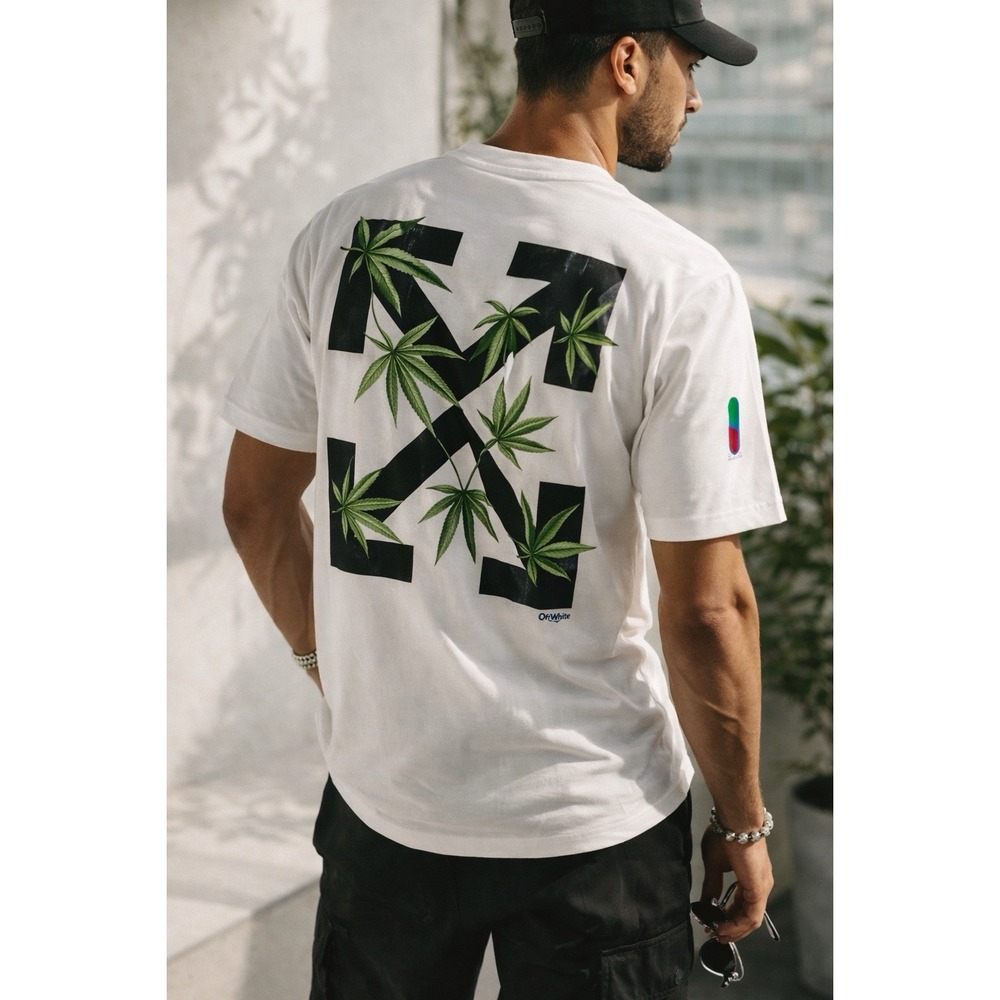 Off-White Leaf Arrows White Graphic T-Shirt Sz L Short Sleeve Authentic NWT